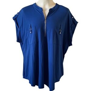 Roommates Womens Top 3X Royal Blue Zipper Front Short Sleeve Tabs Pockets New